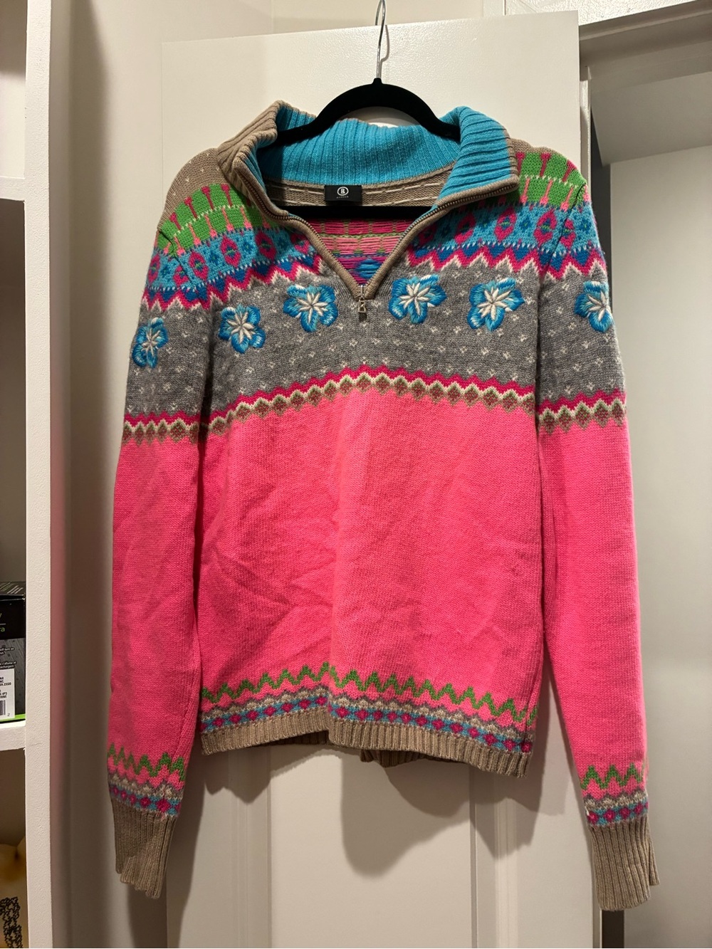 Bogner Pink, Gray and Turquoise Half-Zip Floral Yoke Sweater